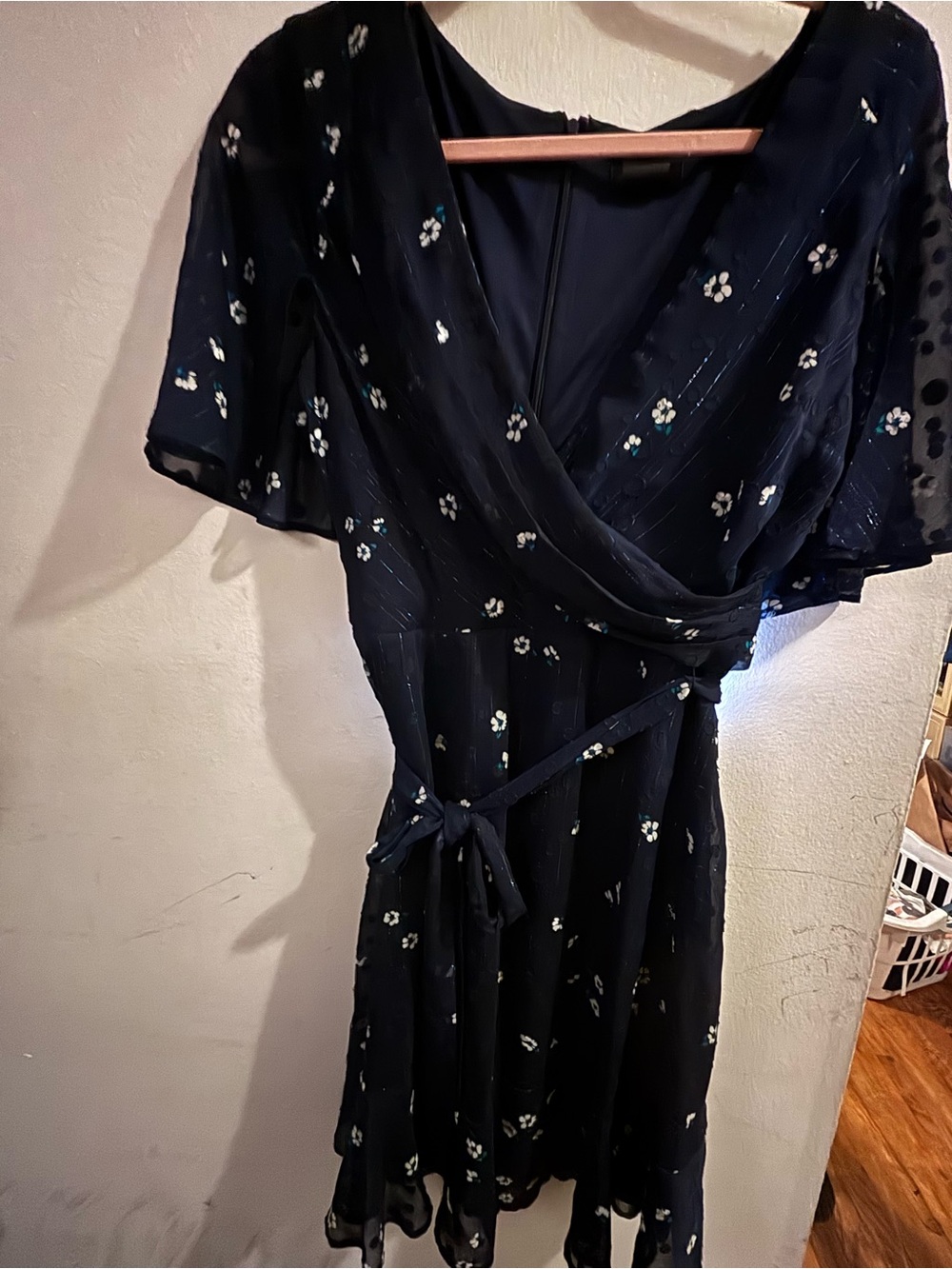 DKNY Navy Floral Wrap Midi Dress with Belt